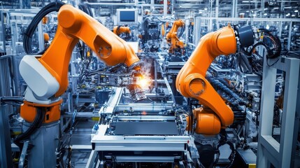 Industrial robots working on an assembly line in a manufacturing facility.