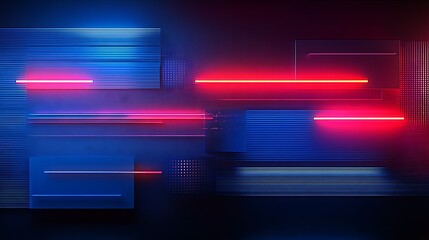 Abstract vibrant background with neon lights and futuristic geometric shapes in blue and red hues