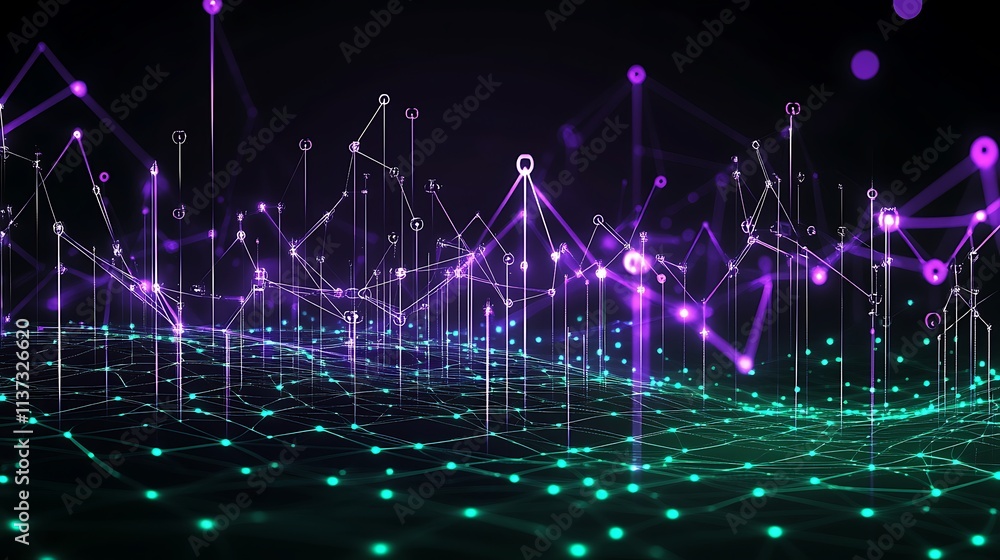 Poster abstract visualization of data flow with lines and dots in purple and green colors on a dark backgro