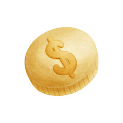 A golden coin engraved with a prominent dollar symbol, representing wealth, currency, and financial success. Watercolor painting