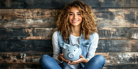 Happy Woman Holding Piggy Bank Against Wooden Wall, Saving Money Concept, Financial Security, Future Planning