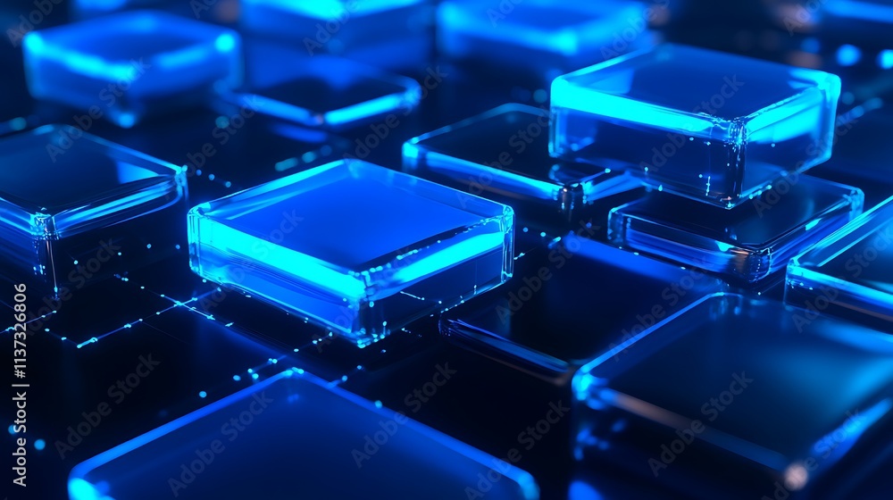 Poster blue glowing transparent block background with digital effects for modern tech and futuristic design