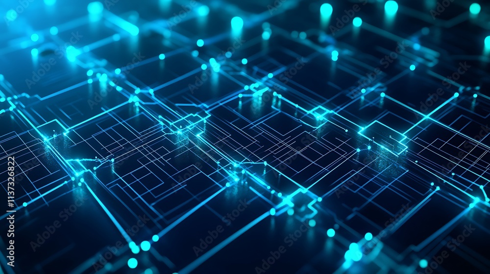 Poster blue neon circuit board digital technology background with glowing lines and abstract geometric patt