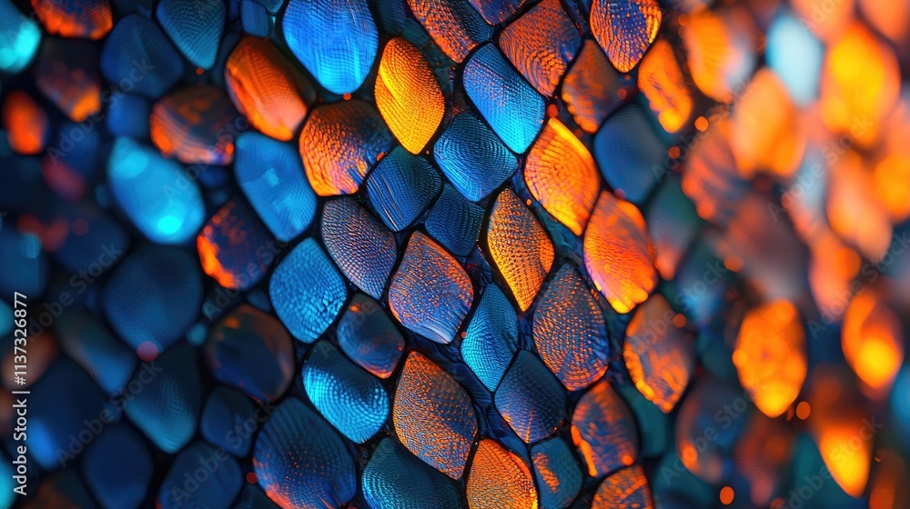 Aufkleber this image features an intricate abstract pattern of hexagons in vibrant blue and orange tones, crea