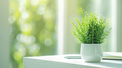 Sustainability, ESG, Health, Environmental  Concept: Healthy green plant on table with notebook and pen, symbolizing health advice and wellness tips, clean and focused image with copy space for text