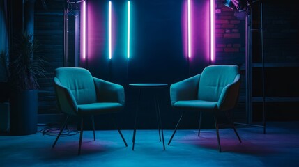 Contemporary podcast space: chairs illuminated by playful lighting effects, with a dark, minimalistic background ideal for branding