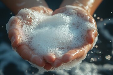 Fototapeta premium Close-up of hands cupping rich, bubbly soap suds. Illustrates cleanliness, hygiene, and self-care.