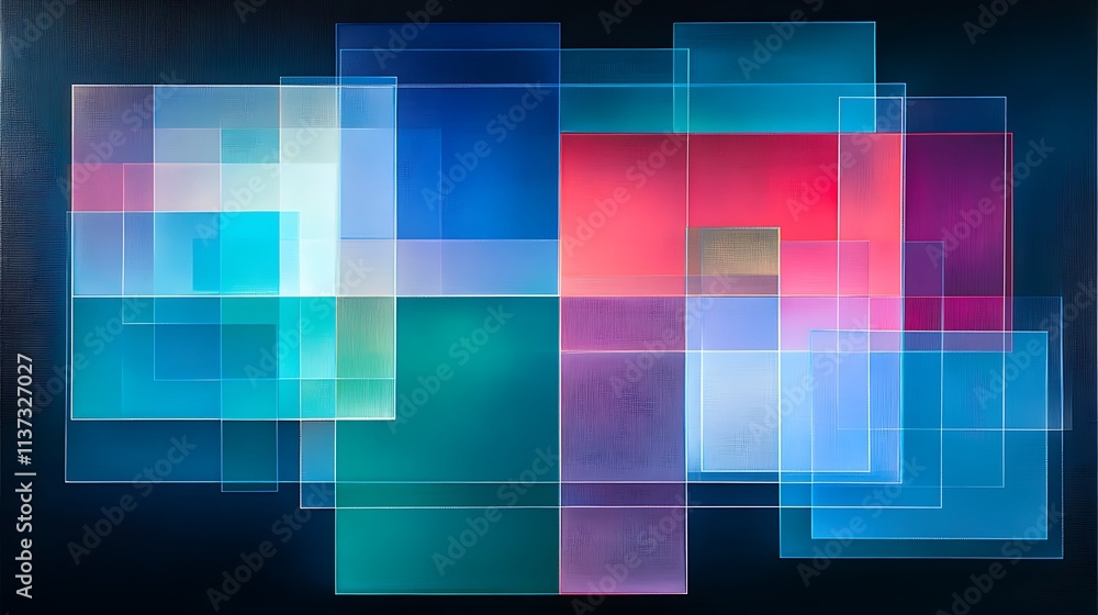 Poster colorful abstract composition with overlapping geometric shapes and vivid color gradients on dark ba