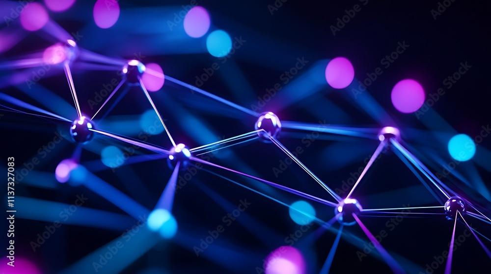 Poster colorful abstract network design with interconnected nodes and dots in purple and blue shades on a d