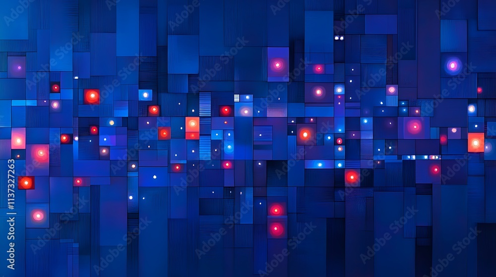 Poster digital abstract background with geometric shapes in blue, red, and white enhancing visual depth and