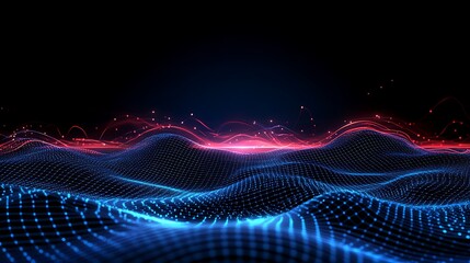 Digital Abstract Waves with Red and Blue Light Effects on Black Background for Futuristic Design