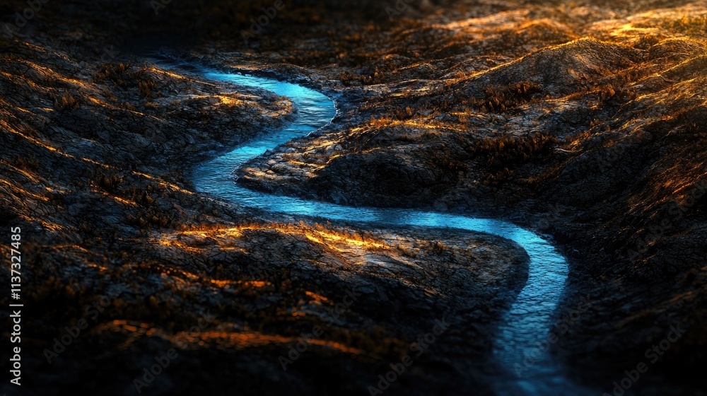 Aufkleber captivating aerial view showcasing a winding blue river flowing through a backdrop of golden land an
