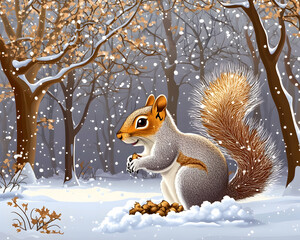 Obraz premium Adorable squirrel enjoying winter, snowy forest.