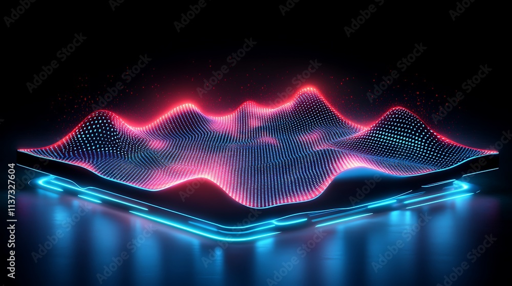 Aufkleber futuristic 3d surface with colorful lights and glowing particles in dark environment for digital des