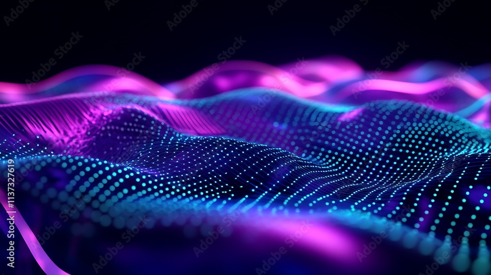 Poster futuristic abstract background of colorful wave patterns with dots and light flare effects in dark e