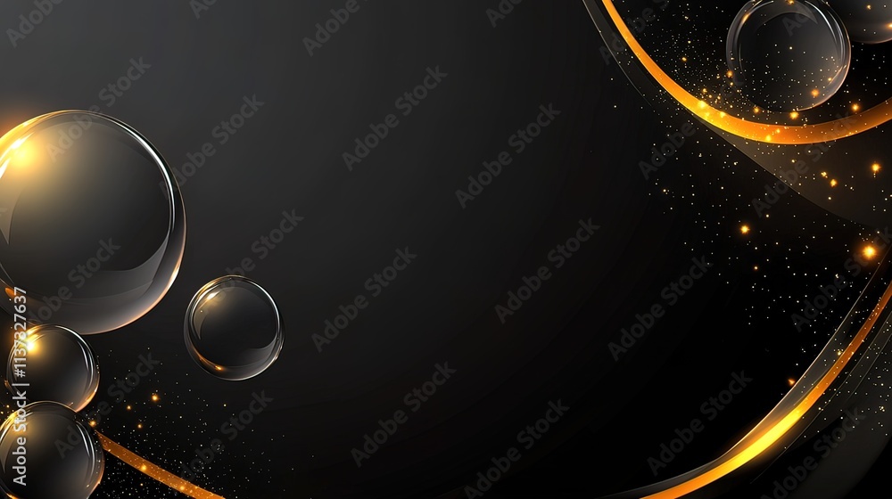 Poster abstract dark background with golden glowing spheres and elegant curves.