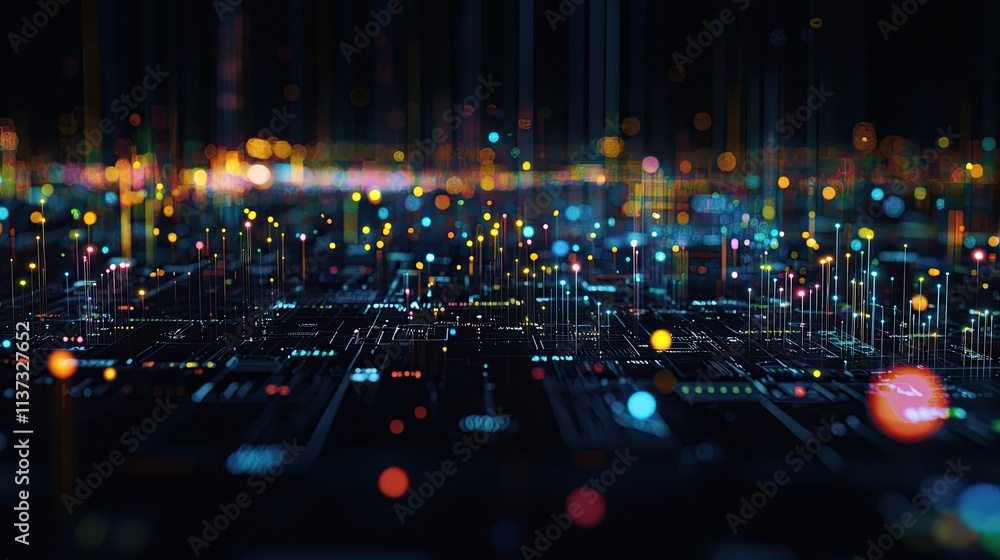 Poster this image features a detailed financial chart showcasing vibrant data points and trends against a d