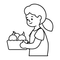 cartoon girl at a market browsing fresh produce kids traveling Line Art coloring book Vector design