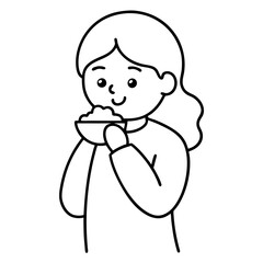 cartoon girl eating street food kids traveling Line Art coloring book Vector design