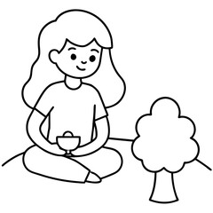 cartoon girl enjoying a picnic in a park kids traveling Line Art coloring book Vector design