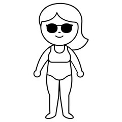 Cartoon girl enjoying a beach holiday with sunglasses kids traveling Line Art coloring book Vector design