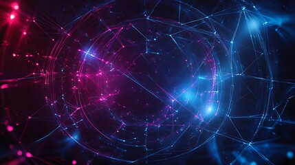 Futuristic Abstract Background with Bright Neon Lines and Dots in Blue and Pink Colors for Digital Design