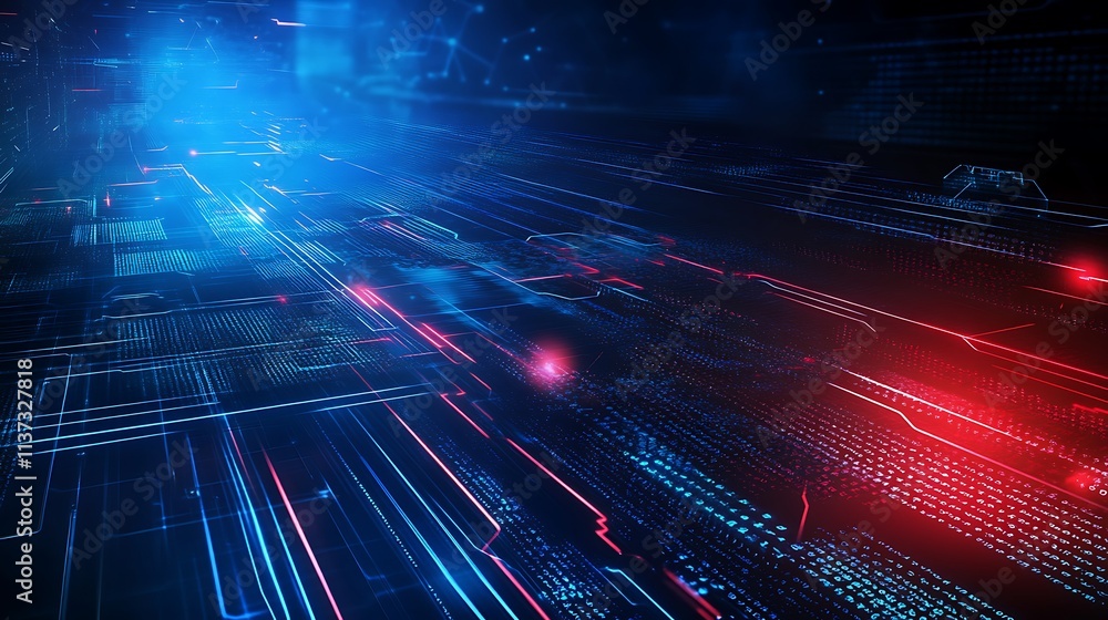 Aufkleber futuristic abstract background with glowing lines, bits, and data patterns in blue and red hues