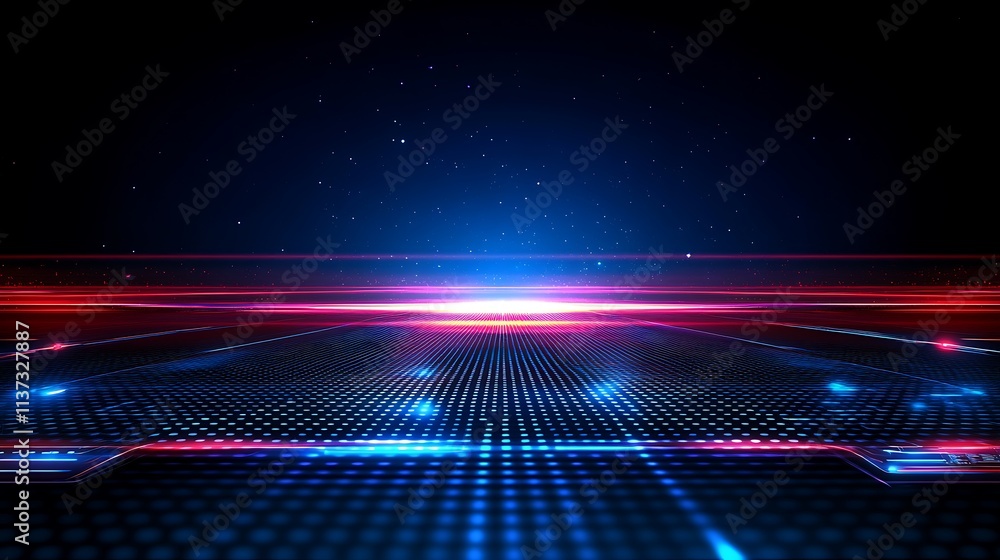 Aufkleber futuristic abstract background with neon lights and dots on dark surface for high-tech digital desig