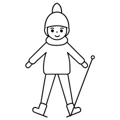 cartoon girl in a winter outfit skiing kids traveling Line Art coloring book Vector design
