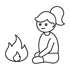 cartoon girl sitting by a campfire kids traveling Line Art coloring book Vector design