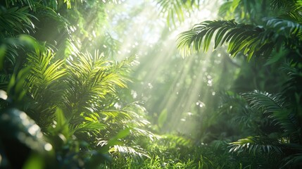 Fototapeta premium A stunning view of a lush green forest bathed in sunlight, with rays filtering through the trees, showcasing the vibrant foliage and peaceful atmosphere of nature.