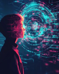 A digital representation of a person interacting with technology.