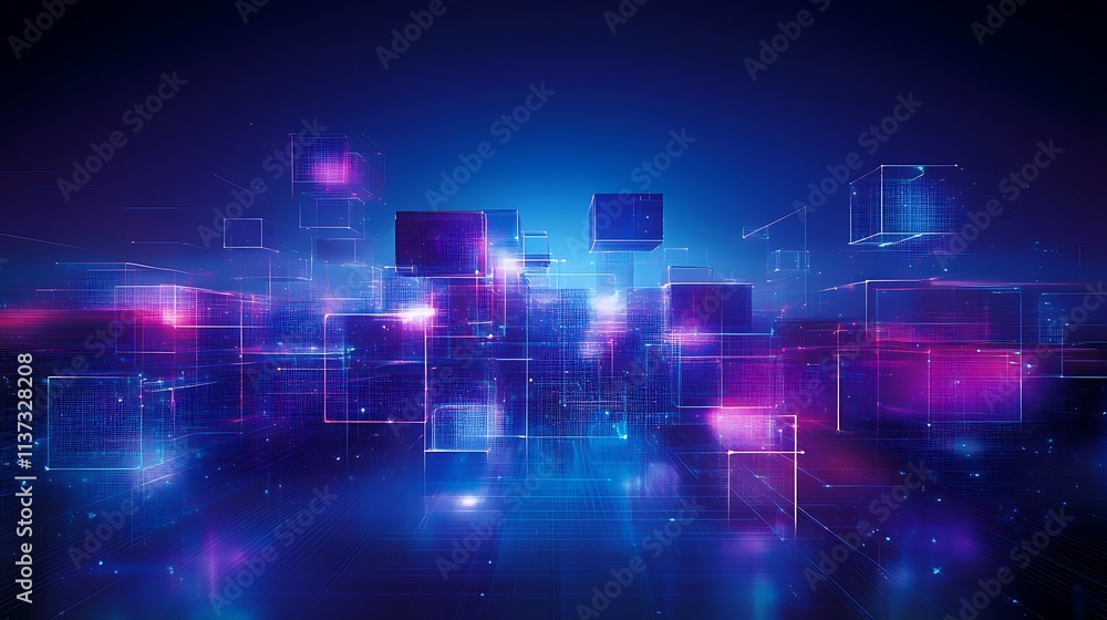 Poster futuristic abstract digital background with floating neon cubes and glowing particles in deep blue s