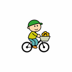 a kid on a bicycle with a basket filled with flower