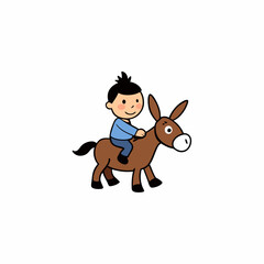 a kid riding a donkey in a rural setting cartoon
