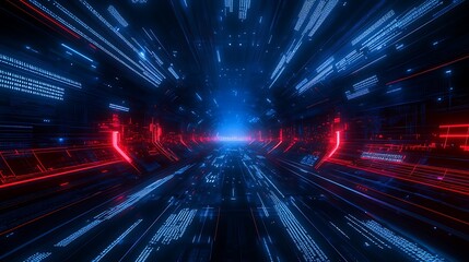 Futuristic Abstract Digital Space with Glowing Blue and Red Rays Conveying Speed and Movement