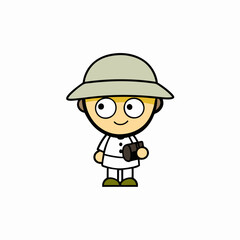 a cartoon kid wearing a safari hat and carrying binoculars