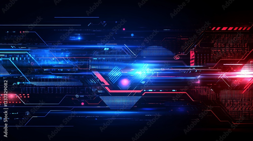 Poster futuristic abstract technology background with glowing lines and digital elements in blue and red co