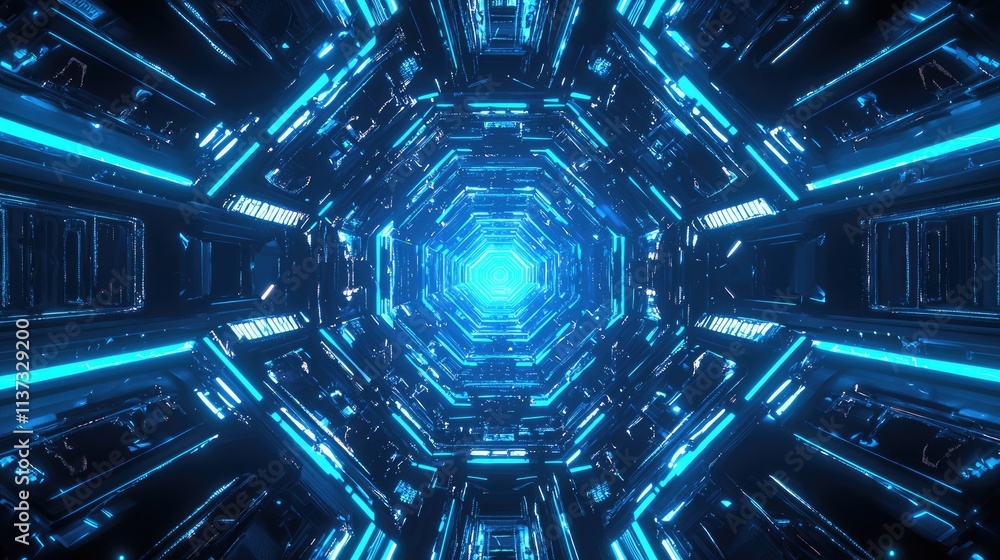 Aufkleber Vibrant abstract hexagonal pattern showcasing a futuristic neon blue design against a striking black background, ideal for technology and creative projects.