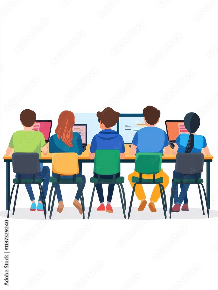 Poster students with laptops sitting behind interactive board with data. digital, mobile, e-learning, flipp