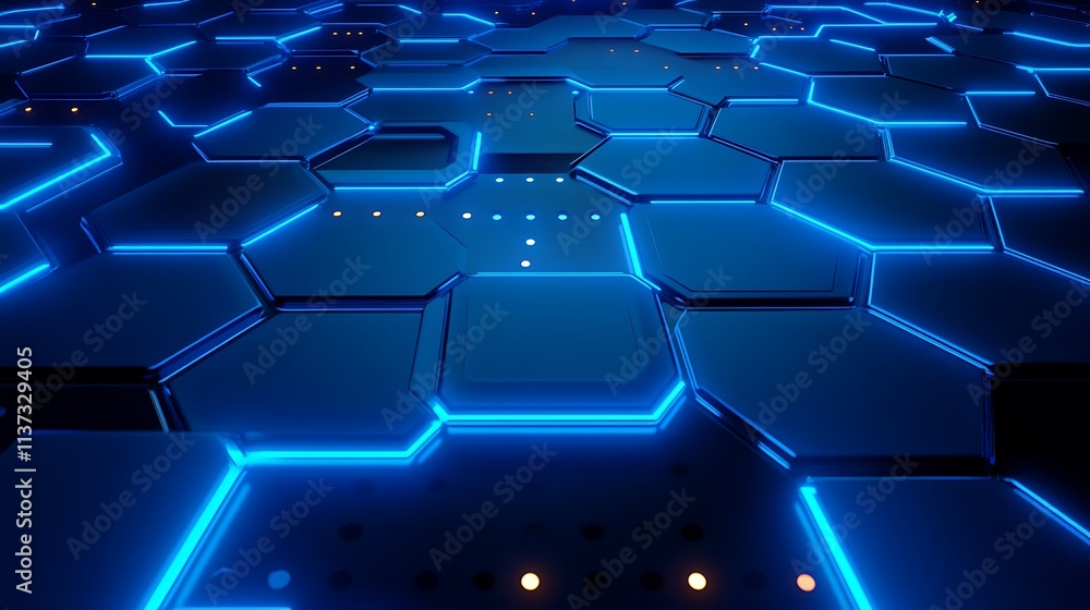 Poster futuristic blue neon hexagonal grid with illuminated lines and dots for abstract backgrounds and des