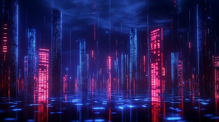 Fototapeta premium Futuristic City Skyline with Neon Lights and Digital Elements in a Night Scene with a Glowing Atmosphere