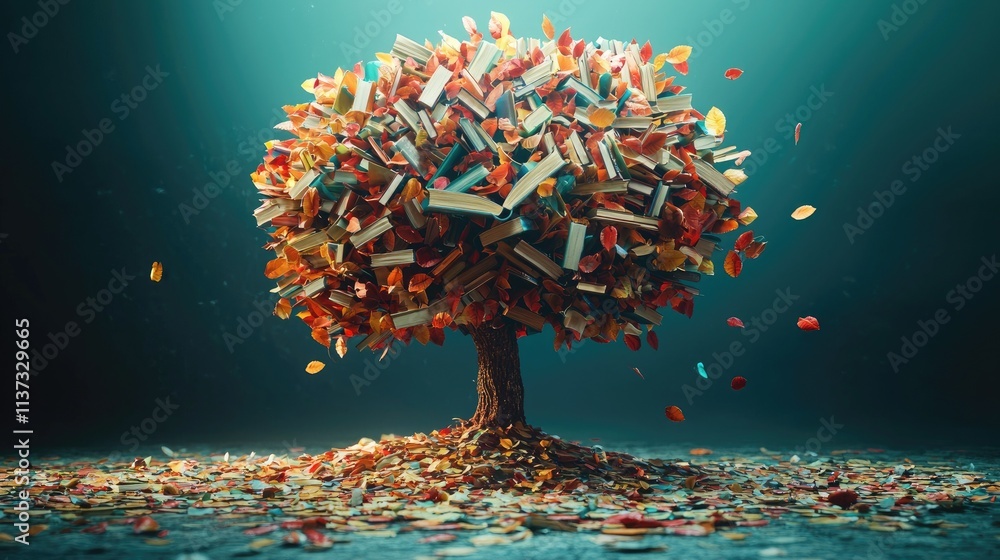 Aufkleber This artistic representation of a tree formed from books and colorful leaves symbolizes the connection between nature and knowledge, inspiring creativity and learning.