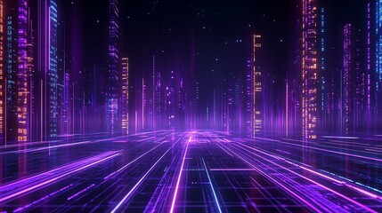 Futuristic Cityscape with Neon Lights and Digital Grid for Technology and Sci-Fi Themes