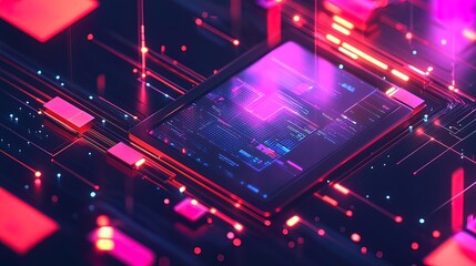 Abstract digital circuit board with glowing neon lines and data streams.