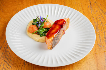 salmon steak with mashed potato