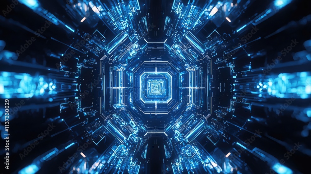 Poster vibrant abstract hexagonal pattern showcasing a futuristic neon blue design against a striking black