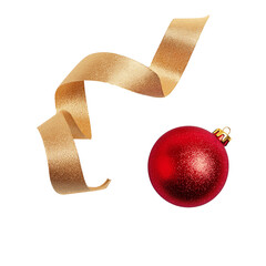 Christmas composition with Isolated Christmas gold ribbon and red christmas tree ball on white background. Flat lay, top view.