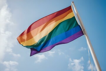 vibrant rainbow flag flies against a sunny sky, symbolizing pride, equality, and LGBTQ+ rights