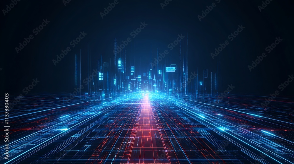 Poster futuristic digital cityscape with neon lights and data streams in a cyberpunk style